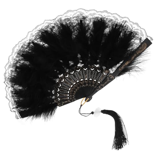 MERRYHAPY Vintage Spitzen-feder Faltfächer Handfächer Leicht Robust Geeignet für Tanz Hochzeit Party Sommerkühlung und Fotorequisit Eleganter Schwarzer Spitzenfächer mit Beidseitigen Federn von MERRYHAPY