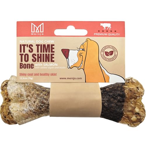 MERSJO ITS TIME to Shine Bone, Hundekausnack, Hundeleckerli mit Lachs, Biotin & Algen – 13,5 cm, 70 g – Natürlicher Kauknochen für glänzendes Fell & gesunde Haut, 100% Natur von MERSJO