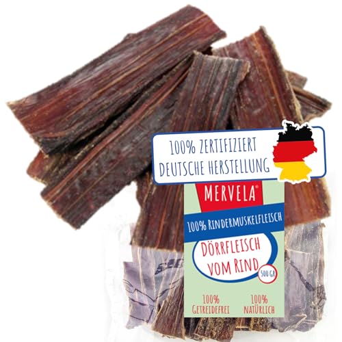MERVELA Premium Rinderdörrfleisch für Hunde, 500g - Natürlicher Kausnack, 100% Rindfleisch, Getrocknete Leckerli aus Deutscher Herstellung von MERVELA