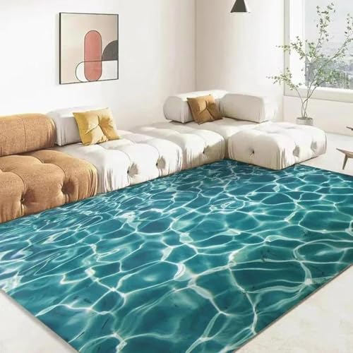 MERVOS Blauer Teppich mit 3D-Meeresmuster für Wohnzimmer, Küche, Schlafzimmer, Eingang, Balkon – rutschfeste Matte zur Dekoration von MERVOS