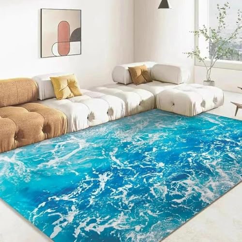 MERVOS Blauer Teppich mit 3D-Meeresmuster für Wohnzimmer, Küche, Schlafzimmer, Eingang, Balkon – rutschfeste Matte zur Dekoration von MERVOS