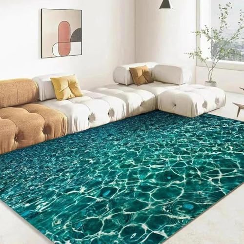 MERVOS Blauer Teppich mit 3D-Meeresmuster für Wohnzimmer, Küche, Schlafzimmer, Eingang, Balkon – rutschfeste Matte zur Dekoration von MERVOS