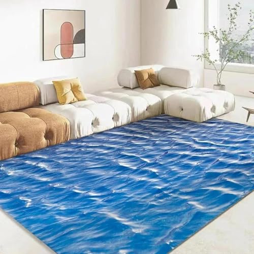 MERVOS Blauer Teppich mit 3D-Meeresmuster für Wohnzimmer, Küche, Schlafzimmer, Eingang, Balkon – rutschfeste Matte zur Dekoration von MERVOS