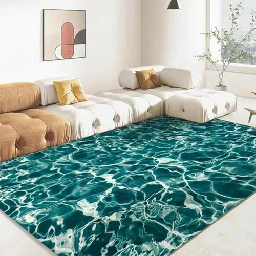 MERVOS Blauer Teppich mit 3D-Meeresmuster für Wohnzimmer, Küche, Schlafzimmer, Eingang, Balkon – rutschfeste Matte zur Dekoration von MERVOS
