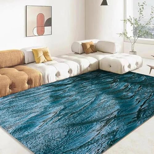 MERVOS Blauer Teppich mit 3D-Meeresmuster für Wohnzimmer, Küche, Schlafzimmer, Eingang, Balkon – rutschfeste Matte zur Dekoration von MERVOS