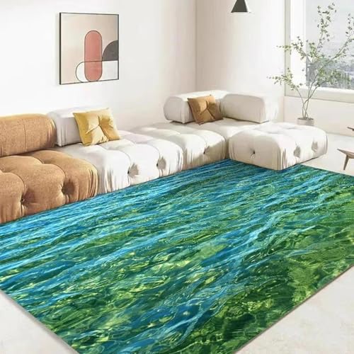 MERVOS Blauer Teppich mit 3D-Meeresmuster für Wohnzimmer, Küche, Schlafzimmer, Eingang, Balkon – rutschfeste Matte zur Dekoration von MERVOS