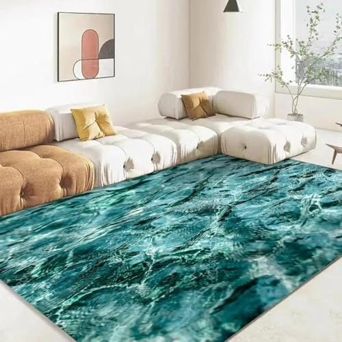 MERVOS Blauer Teppich mit 3D-Meeresmuster für Wohnzimmer, Küche, Schlafzimmer, Eingang, Balkon – rutschfeste Matte zur Dekoration von MERVOS
