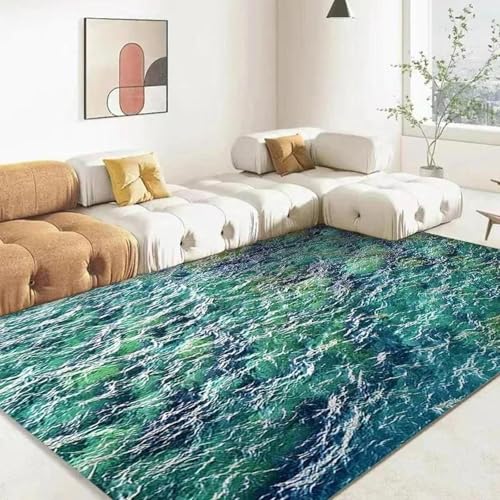 MERVOS Blauer Teppich mit 3D-Meeresmuster für Wohnzimmer, Küche, Schlafzimmer, Eingang, Balkon – rutschfeste Matte zur Dekoration von MERVOS