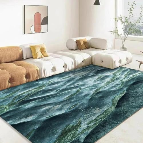 MERVOS Blauer Teppich mit 3D-Meeresmuster für Wohnzimmer, Küche, Schlafzimmer, Eingangsbereich, Balkon – rutschfeste Matte von MERVOS