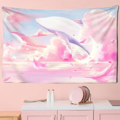 MERVOS Karikatur Himmel Delfin Wandteppich rosa lila Wolken Wohnzimmer Schlafzimmer Wandbehang Stoff Dekoration von MERVOS