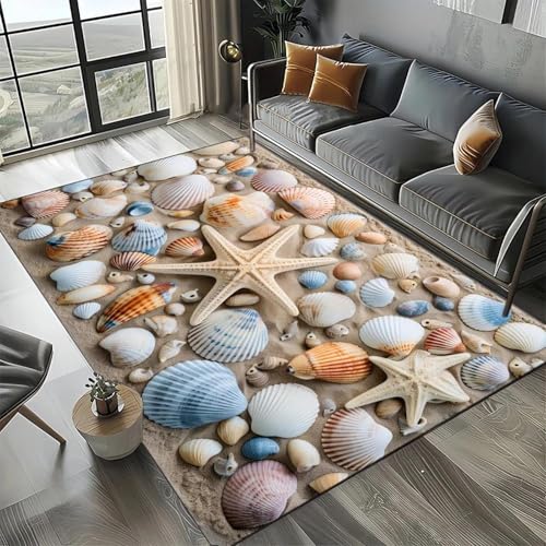 MERVOS Seestern-Strandmuschel-Seestern-Teppich, geeignet für Wohnzimmer, Schlafzimmer, Balkon, Küche, rutschfeste Matte von MERVOS