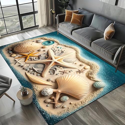 MERVOS Seestern-Strandmuschel-Seestern-Teppich, geeignet für Wohnzimmer, Schlafzimmer, Balkon, Küche – rutschfeste Matte von MERVOS