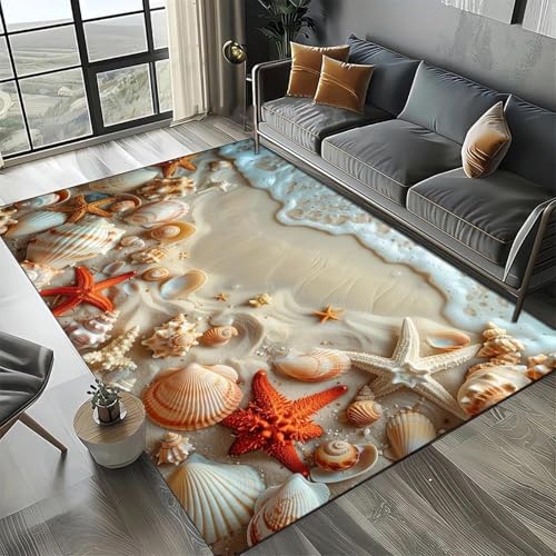 MERVOS Seestern-Strandmuschel-Seestern-Teppich Geeignet für Wohnzimmer Schlafzimmer Balkon Küche Anti-Rutsch-Matte von MERVOS