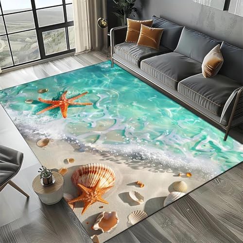 MERVOS Seestern-Strandmuschel-Seestern-Teppich Geeignet für Wohnzimmer Schlafzimmer Balkon Küche Anti-Rutsch-Matte von MERVOS