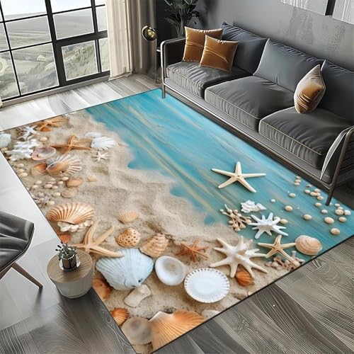 MERVOS Seestern-Strandmuschel-Seestern-Teppich Geeignet für Wohnzimmer Schlafzimmer Balkon Küche Anti-Rutsch-Matte von MERVOS