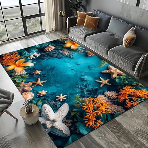 MERVOS Seestern-Strandmuschel-Seestern-Teppich Geeignet für Wohnzimmer Schlafzimmer Balkon Küche Anti-Rutsch-Matte von MERVOS