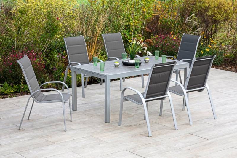 MERXX Garten-Essgruppe Amalfi di lusso, (7-tlg), 6 Stapelsessel, Hochlehner mit ausziehbarem Tisch von MERXX