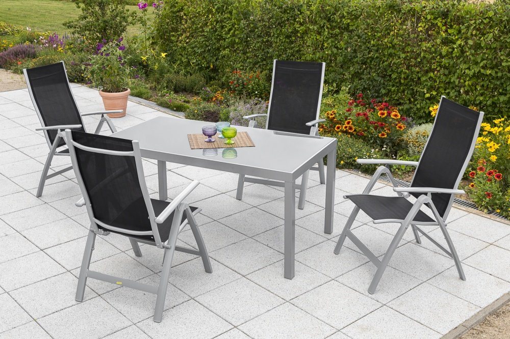 MERXX Garten-Essgruppe Carrara, (Set 5- teilig, Tisch, 4 Klappsessel, Aluminium mit Textilbespannung, Sicherheitsglas), Tisch mit grauer Glasplatte von MERXX