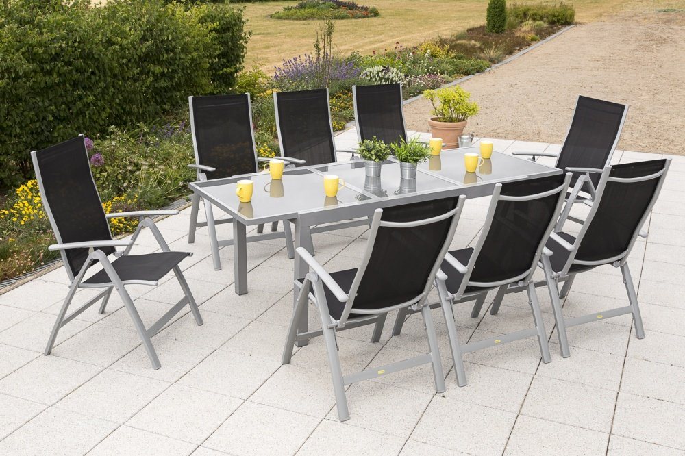 MERXX Garten-Essgruppe Carrara, (Set 9-teilig, Tisch, 8 Klappsessel, Aluminium mit Textilbespannung, Sicherheitsglas), mit ausziehbarem Tisch von MERXX