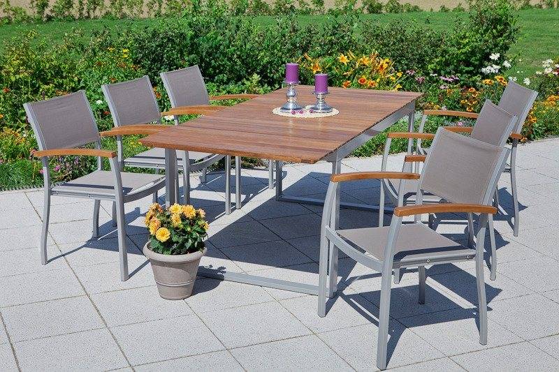 MERXX Garten-Essgruppe Naxos, (7-tlg., 6x Stapelsessel, 1x Ausziehtisch 150(200)x90 cm), Aluminium, Textilbespannung aus 100 % Polyester, Akazienholz von MERXX