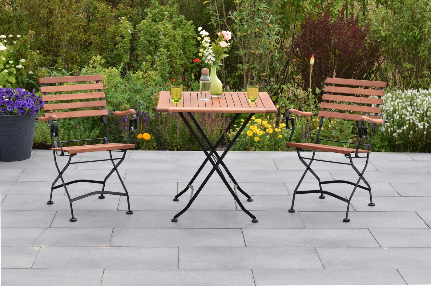 MERXX Garten-Essgruppe »Schlossgarten«, (Set, 3-tlg., Geöltes Eukalyptusholz), Tisch klappbar: LxB: 75x75 cm von MERXX