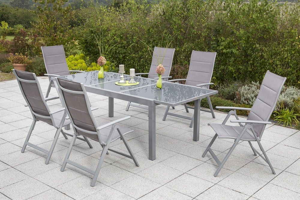 MERXX Garten-Essgruppe Taviano, (Set, Tisch, 6 Sessel, Aluminium mit Textilbespannung, Sicherheitsglas), Sessel in Sitz und Rücken gepadded von MERXX