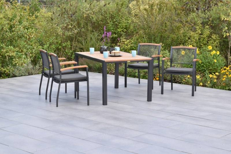 MERXX Garten-Essgruppe Tilos, (9tlg. Set, 9tlg. Set), 4 Stapelsessel, 4 Sitzkissen, rechteckiger Tisch 150 x 90 cm von MERXX