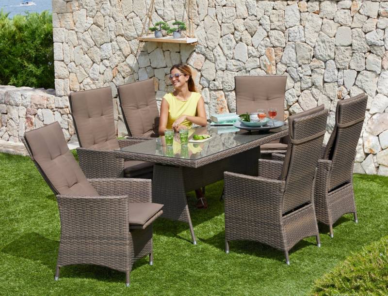 MERXX Garten-Essgruppe Valencia, (6x verstellbare Relaxsessel, 1x Tisch 150x80 cm, inkl. Auflagen), Aluminium, Polyrattan, geeignet für 6 Personen von MERXX
