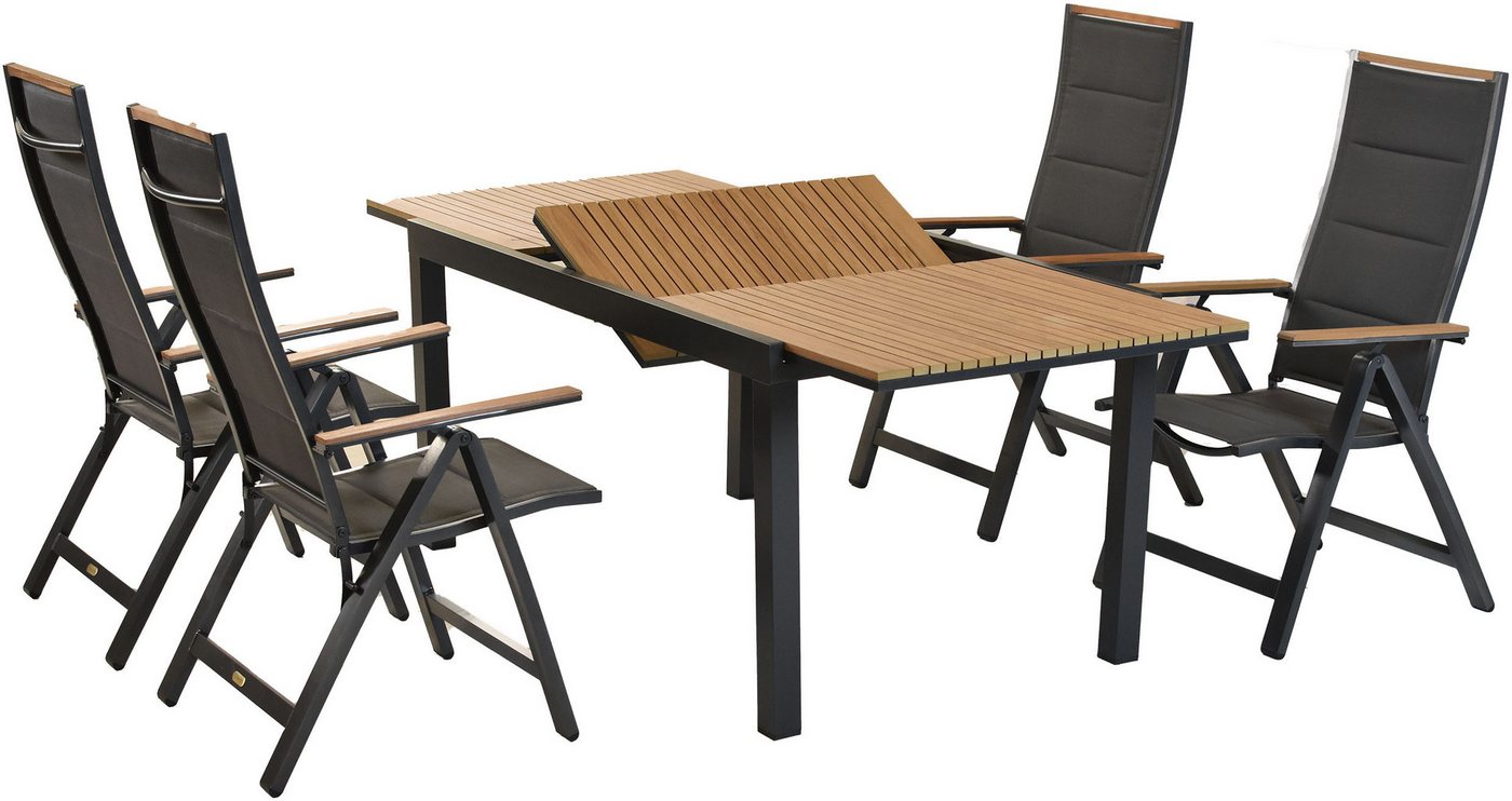 MERXX Garten-Essgruppe »Verona«, (Set, 5-tlg), Armlehnen, Rückenabschluss und Tischplatte aus Kunststoff in Holzoptik von MERXX