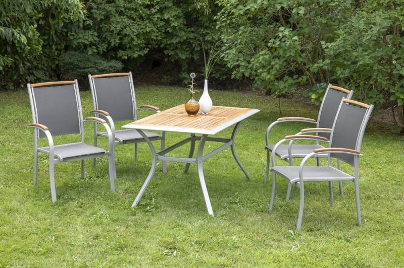 MERXX Garten-Essgruppe Siena, (Set, Tisch, 4 Stapelsessel, Aluminium mit Textilbespannung und Akazienholz), 1 Tisch mit platzsparenden Stapelsesseln von MERXX