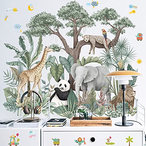 Tropischer Regenwald Tiere Pflanzen Wandaufkleber, Abnehmbare Elefant Giraffe Leopard Grün Pflanzen Tapete Wandtattoo, DIY Kunst Wandbilder für Kinder Schlafzimmer Kinderzimmer Dekorationen (G) von MERYSAN