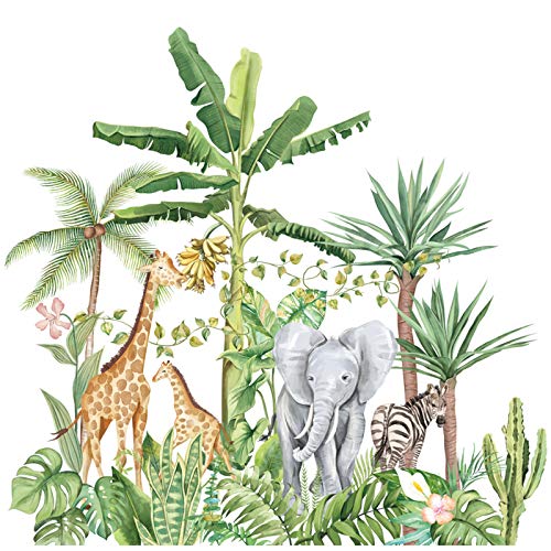 Tropischer Regenwald Tiere Pflanzen Wandaufkleber, Abnehmbare Karikatur Elefant Giraffe Nordic Plant Tapete Wandtattoo, DIY Kunst Wandbilder für Kinder Schlafzimmer Kinderzimmer Dekorationen (A) von MERYSAN