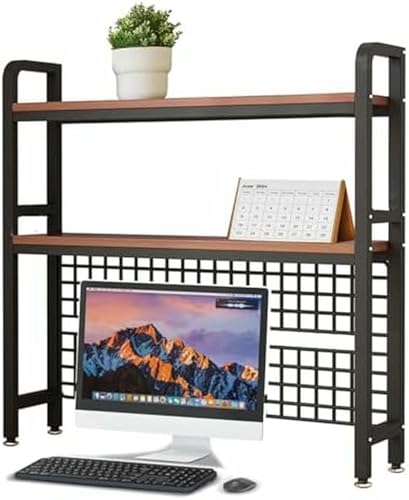 2-stöckiges Schreibtisch-Bücherregal, Schreibtischregal für Wohnheime mit Gitterplatte, Holzregale, Aufbewahrungs-Organizer-Rack aus Metall für das Home Office und die Uni von MESCXTY