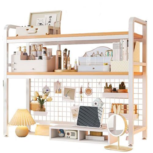 2-stöckiges Schreibtisch-Bücherregal aus Metall, Aufbewahrungsregal für Büro, Zuhause, Wohnheim, Schreibtischregal mit Gitterplatte und verstellbar (weiß) von MESCXTY