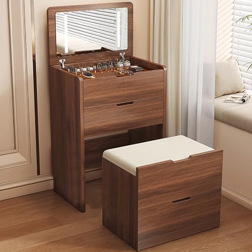 3-in-1-Kosmetikset mit 3 Schubladen,Schminktisch mit aufklappbarem Spiegel und Beleuchtung,kompakter Frisiertisch mit verstecktem gepolstertem Hocker für Ankleidezimmer,Schlafzimmer(45cm, Walnut) von MESCXTY