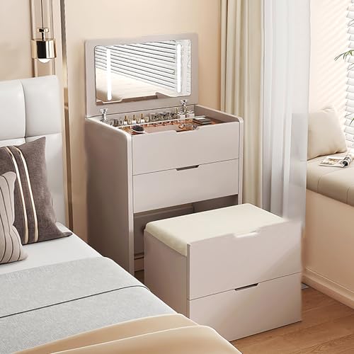 3-in-1-Kosmetikset mit 3 Schubladen,Schminktisch mit aufklappbarem Spiegel und Beleuchtung,kompakter Frisiertisch mit verstecktem gepolstertem Hocker für Ankleidezimmer,Schlafzimmer(60cm, Khaki) von MESCXTY