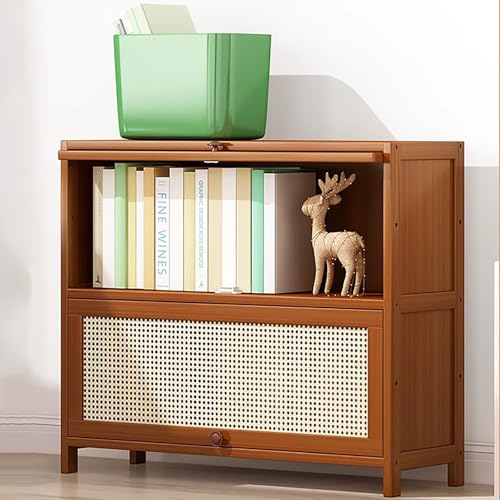 Bambus-Bücherregal mit Rattan-Türen, modernes, bodenstehendes Bücherregal, rechteckiges, hohes Bücherregal, Aufbewahrungsschrank für Arbeitszimmer, Wohnzimmer, Büro, Küche, Eingangsbereich (2 Ebenen, von MESCXTY