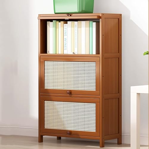 Bambus-Bücherregal mit Rattan-Türen, modernes, bodenstehendes Bücherregal, rechteckiges, hohes Bücherregal, Aufbewahrungsschrank für Arbeitszimmer, Wohnzimmer, Büro, Küche, Eingangsbereich (3 Ebenen, von MESCXTY