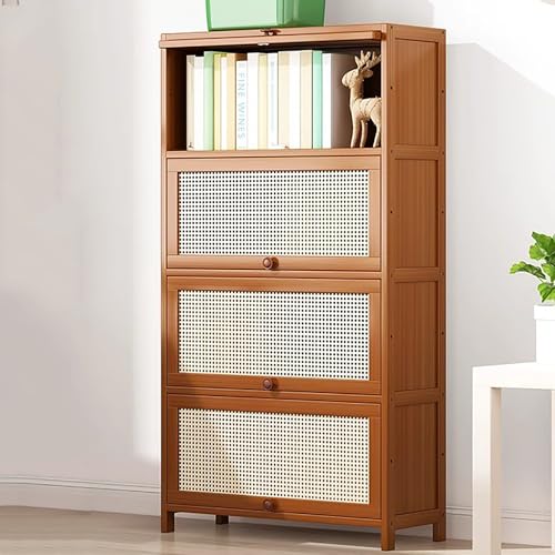 Bambus-Bücherregal mit Rattan-Türen, modernes, bodenstehendes Bücherregal, rechteckiges, hohes Bücherregal, Aufbewahrungsschrank für Arbeitszimmer, Wohnzimmer, Büro, Küche, Eingangsbereich (4 Ebenen, von MESCXTY