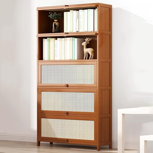 Bambus-Bücherregal mit Rattan-Türen, modernes, bodenstehendes Bücherregal, rechteckiges, hohes Bücherregal, Aufbewahrungsschrank für Arbeitszimmer, Wohnzimmer, Büro, Küche, Eingangsbereich (5 Ebenen, von MESCXTY