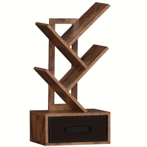 Baumförmiges Bücherregal mit 4 Ebenen, Bücherregale aus Holz für den Schreibtisch, kleines Bücherregal mit Schublade, moderne freistehende Schreibtisch-Ausstellungsregale, braunes Boden-Organizer-Büc von MESCXTY