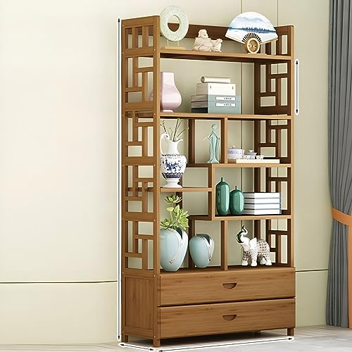 Bodenregal aus Bambus, Bücherregal, offenes Buch, Arbeitszimmer, neuer Weinschrank im chinesischen Stil, antike Dekoration, Teeservice-Regal, Bücherregal mit 2 Schubladen, 80 cm L x 24,9 cm B, 142 cm von MESCXTY