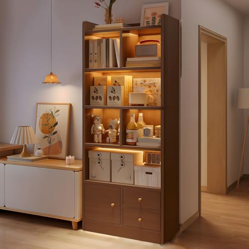 Bücherregal, moderne Vitrine mit Schubladen und geschlossener Rückseite, Aufbewahrungsschrank aus Holz, freistehendes Bücherregal für das Home Office, ohne Türen, Walnuss, 23,5" L x 9,5" B 71" H von MESCXTY