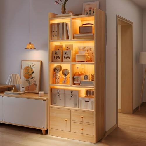 Bücherregal, moderne Vitrine mit Schubladen und geschlossener Rückseite, Aufbewahrungsschrank aus Holz, freistehendes Bücherregal für das Home Office, ohne Türen, naturfarben, 23,5" L x 9,5" B 71" H von MESCXTY
