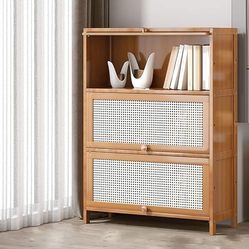 Bücherregal aus Holz, 3-stöckiges, hellbraunes Bambus-Bücherregal, modernes Standard-Bücherregal, rechteckige Regale mit Türen für Schlafzimmer, Büro, Küche, Wohnzimmer (80 cm L x 33 cm T, 106 cm H) von MESCXTY