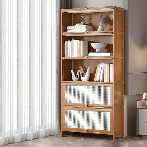 Bücherregal aus Holz, 5-stöckiges hellbraunes Bambus-Bücherregal, modernes Standard-Bücherregal, rechteckige Regale mit Türen für Schlafzimmer, Büro, Küche, Wohnzimmer (80 cm L x 33 cm T, 170 cm H) von MESCXTY