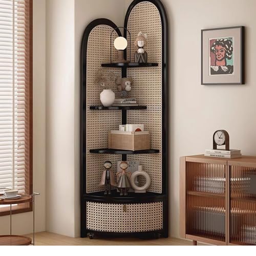 Bücherregal aus Holz-Rattan, 5-stöckiges multifunktionales Eckregal, mit Schublade, nur 0,16 Quadratmeter, kleines Bücherregal für Räume, Buch-Organizer, Wohnzimmer, Schlafzimmer, Kinder, Schwarz von MESCXTY