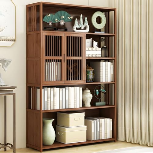 Bücherregal im Vintage-Stil, geometrisch, braun, hohe Aufbewahrungsvitrine, versetzte Regale mit Bambusrahmen, 1 Schrank, Schublade nicht im Lieferumfang enthalten, für das Home Office, 95,5 cm L x 2 von MESCXTY