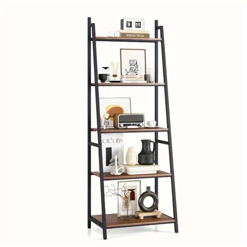 Bücherregal mit Mehreren Ebenen, Leiter-Bücherregal, Pflanzen- und Blumenständer, Bücherregale für Wohnzimmer, Schlafzimmer, Home Office (braun) von MESCXTY
