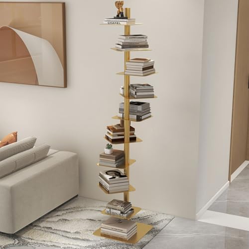 Drehbares Bücherregal, platzsparender Cubby-Aufbewahrungs-Organizer, Bücherturm aus Metall mit vertikalem Rücken, einfaches Design, Standhöhe nur 15,7 Zoll, DIY-Regal für Dekoration, Gold von MESCXTY
